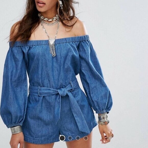 Free People denim off the shoulder Romper - Picture 3 of 9